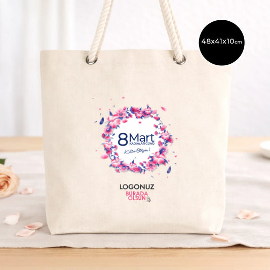 Dünya Kadınlar Günü Baskılı Kanvas Plaj Çantası - Halat Kulplu (Özelleştirilebilir)
