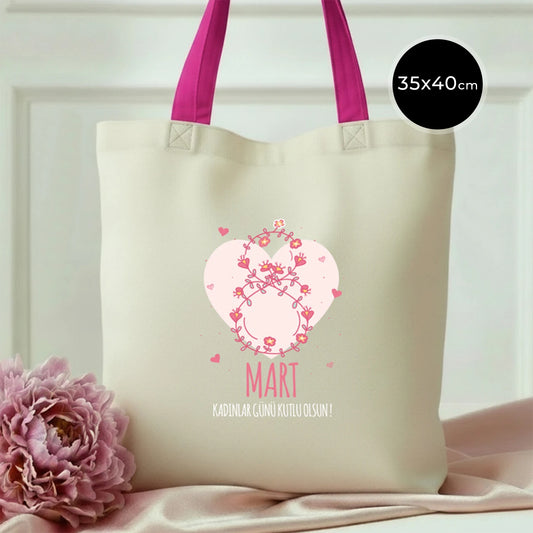 35x40 cm Fuşya İç Cepli Kanvas Bez Çanta - Kadınlar Günü