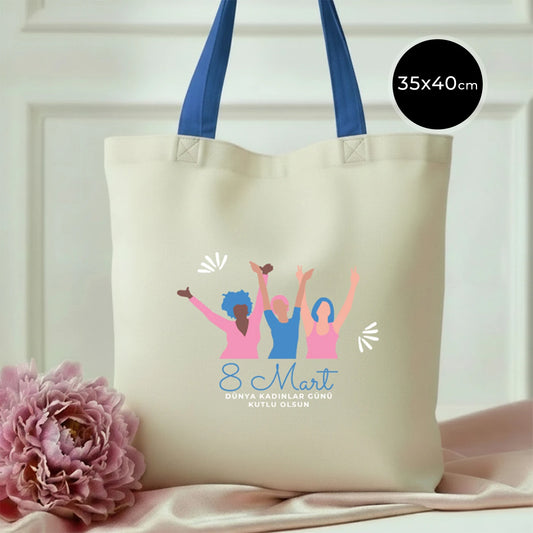 35x40 cm Saks Mavi İç Cepli Kanvas Bez Çanta - Kadınlar Günü