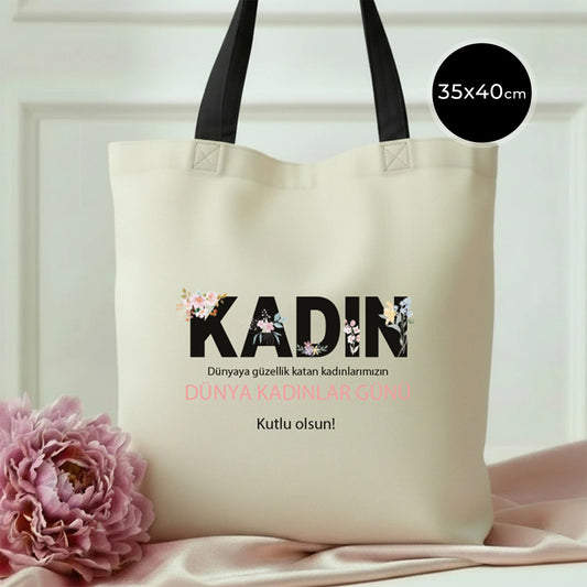 35x40 cm Siyah Kulp İç Cepli Kanvas Bez Çanta - Kadınlar Günü