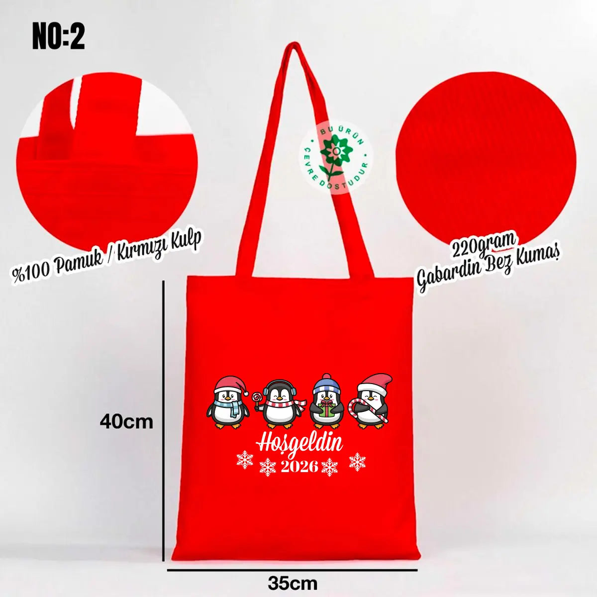 Gabardin Kırmızı Bez Çanta 35x40 cm Yılbaşı Baskılı (Özelleştirilebilir)