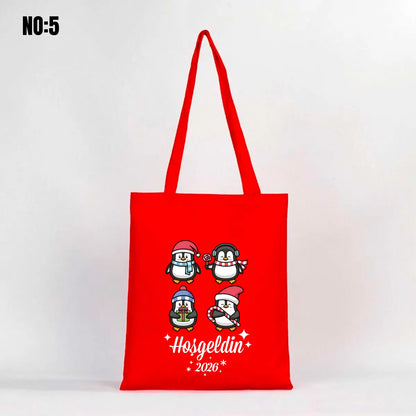 Gabardin Kırmızı Bez Çanta 35x40 cm Yılbaşı Baskılı (Özelleştirilebilir)