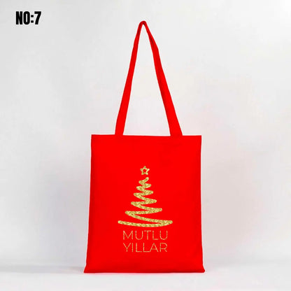Gabardin Kırmızı Bez Çanta 35x40 cm Yılbaşı Baskılı (Özelleştirilebilir)