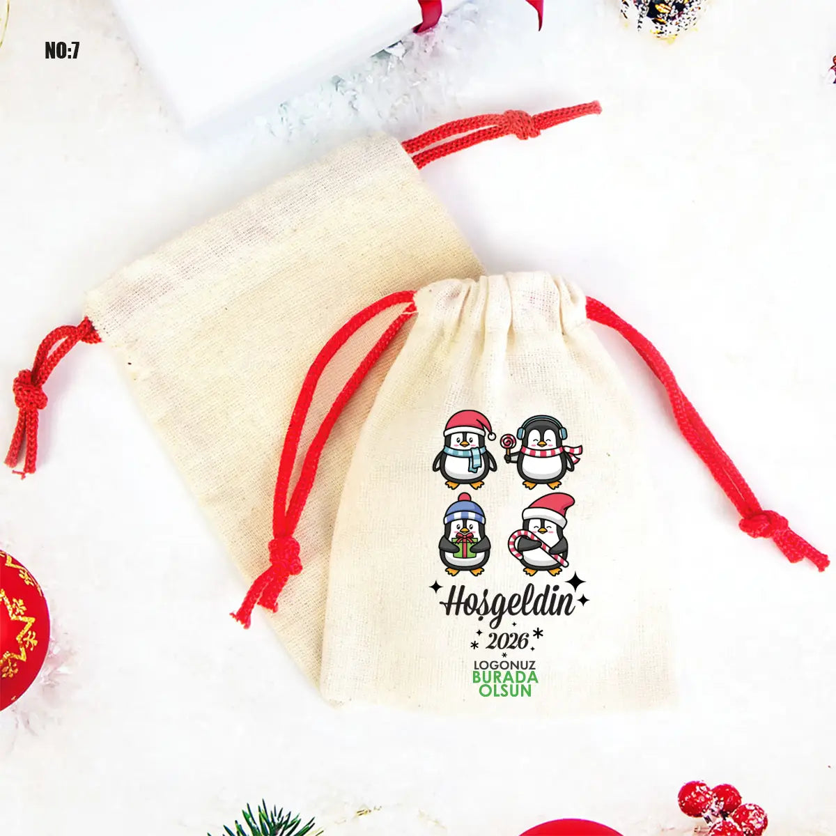 Yılbaşı Bez Kese 15,5x20 cm - Renkli İp - Kırmızı (Özelleştirilebilir)