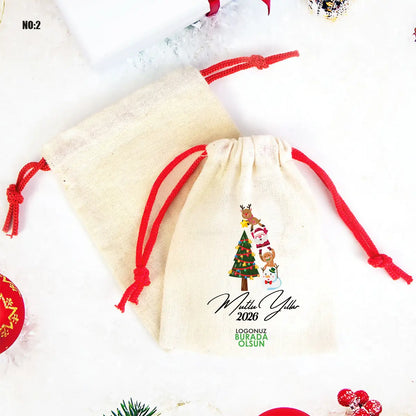 Yılbaşı Bez Kese 15,5x20 cm - Renkli İp - Kırmızı (Özelleştirilebilir)