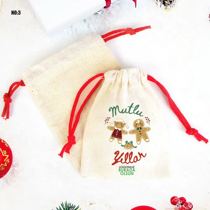 Yılbaşı Bez Kese 15,5x20 cm - Renkli İp - Kırmızı (Özelleştirilebilir)