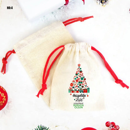 Yılbaşı Bez Kese 15,5x20 cm - Renkli İp - Kırmızı (Özelleştirilebilir)