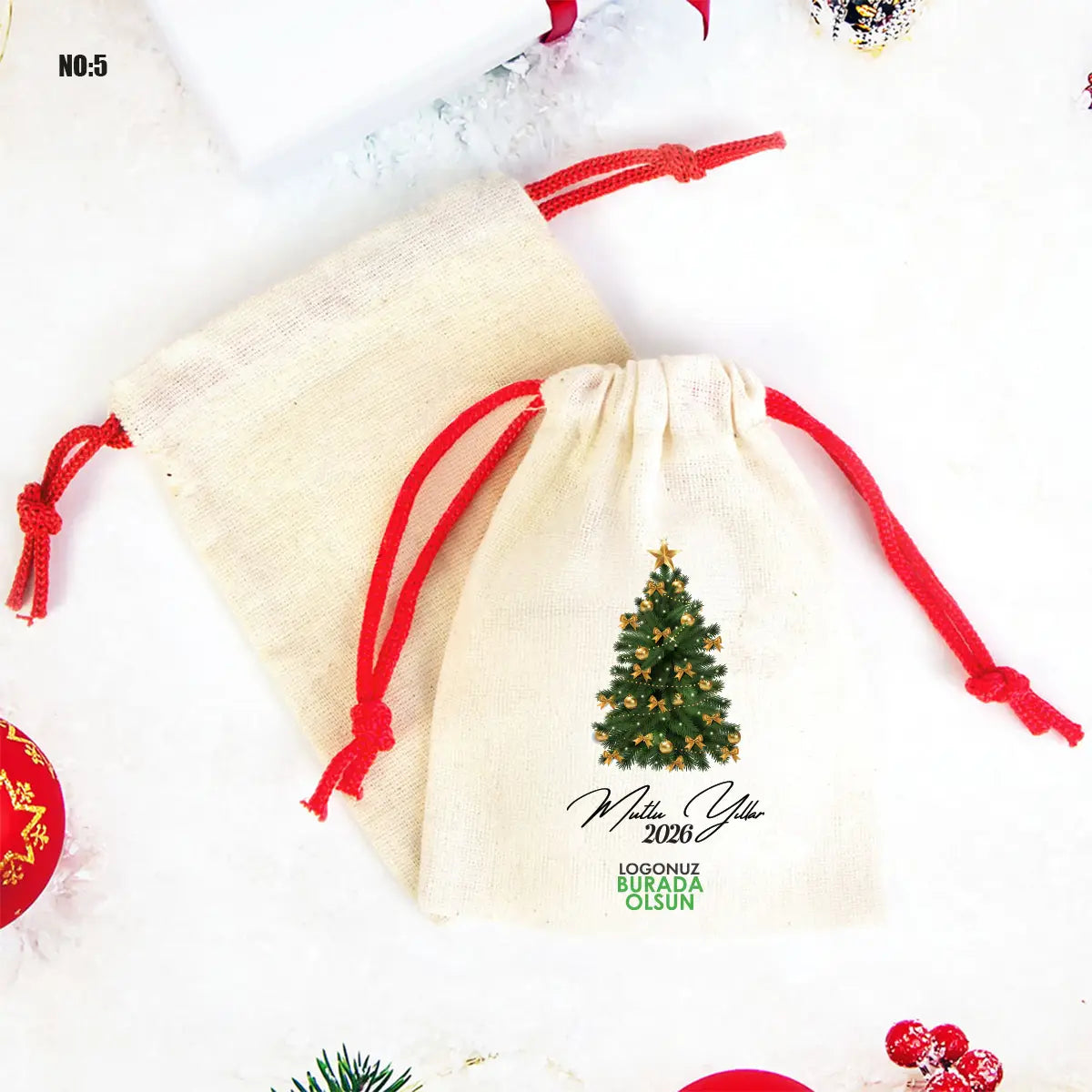 Yılbaşı Bez Kese 15,5x20 cm - Renkli İp - Kırmızı (Özelleştirilebilir)