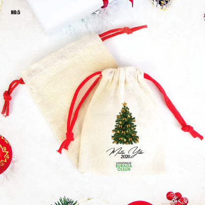 Yılbaşı Bez Kese 15,5x20 cm - Renkli İp - Kırmızı (Özelleştirilebilir)