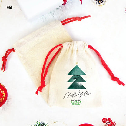 Yılbaşı Bez Kese 15,5x20 cm - Renkli İp - Kırmızı (Özelleştirilebilir)