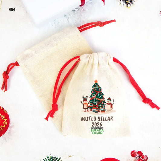 Yılbaşı Bez Kese 15,5x20 cm - Renkli İp - Kırmızı (Özelleştirilebilir)