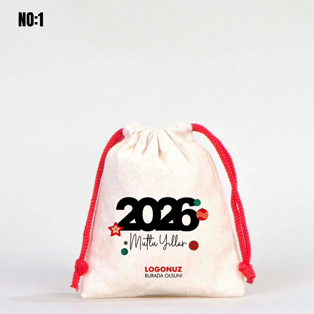 Yılbaşı Bez Kese 10x13 cm - Renkli İp - Kırmızı (Özelleştirilebilir)