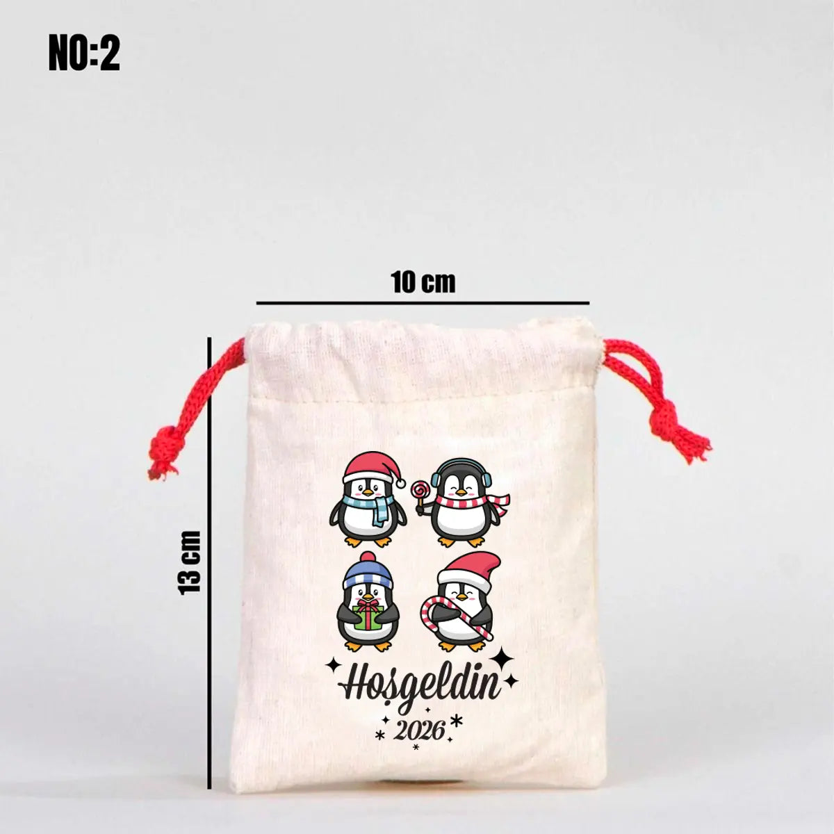 Yılbaşı Bez Kese 10x13 cm - Renkli İp - Kırmızı (Özelleştirilebilir)