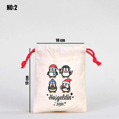 Yılbaşı Bez Kese 10x13 cm - Renkli İp - Kırmızı (Özelleştirilebilir)