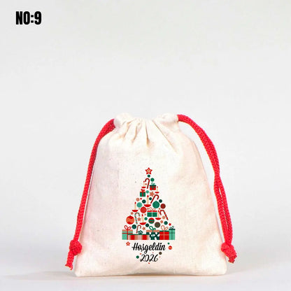 Yılbaşı Bez Kese 10x13 cm - Renkli İp - Kırmızı (Özelleştirilebilir)