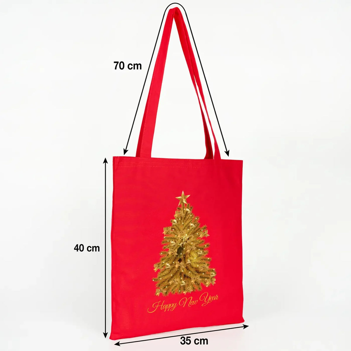 Kırmızı kanvas yılbaşı çantası – gold çam ağacı baskılı hediye çantası 35x40cm