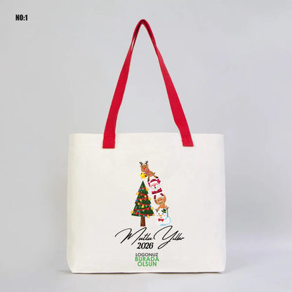 Yılbaşı Modern Kanvas Çanta - Dıştan Renkli Örgü Kulp 45x35x8 cm (Özelleştirilebilir)