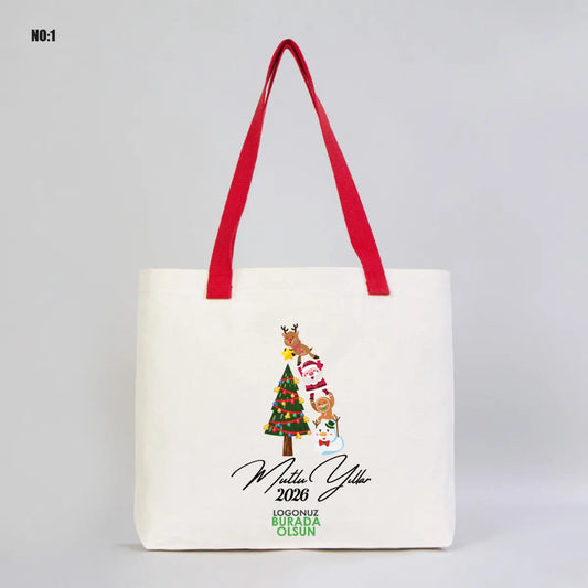 Yılbaşı Modern Kanvas Çanta - Dıştan Renkli Örgü Kulp 45x35x8 cm (Özelleştirilebilir)