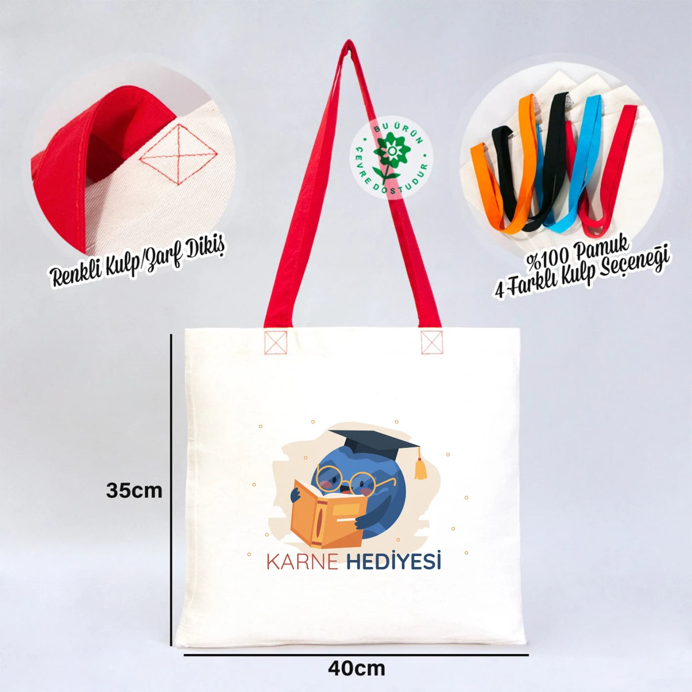 40x35 cm gabardin bez çanta, 70 cm saplı ve dört farklı kulp rengi seçeneğiyle.