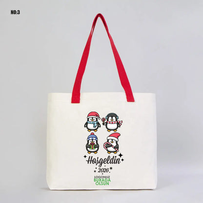 Yılbaşı Modern Kanvas Çanta - Dıştan Renkli Örgü Kulp 45x35x8 cm (Özelleştirilebilir)