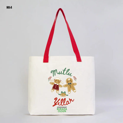 Yılbaşı Modern Kanvas Çanta - Dıştan Renkli Örgü Kulp 45x35x8 cm (Özelleştirilebilir)