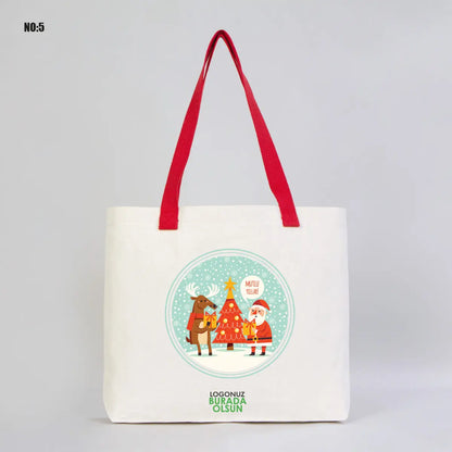 Yılbaşı Modern Kanvas Çanta - Dıştan Renkli Örgü Kulp 45x35x8 cm (Özelleştirilebilir)