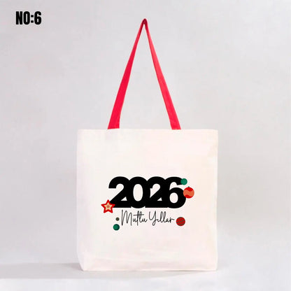 Yılbaşı Kanvas Plaj Çantası Kırmızı Kulp 48x41x10 cm (Özelleştirilebilir)