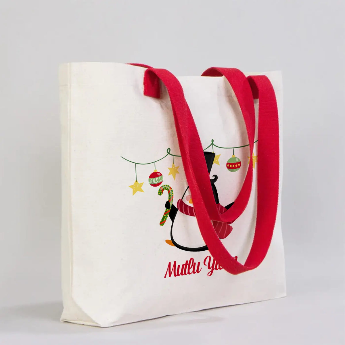 Yılbaşı Özel Modern Kanvas Çanta - Dıştan Renkli Örgü Kulp 45x35x8 cm - detay görünüm