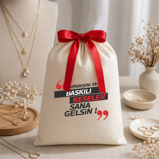 Bez Kese Kırmızı Kurdelalı - 20x30 cm (Özelleştirilebilir)