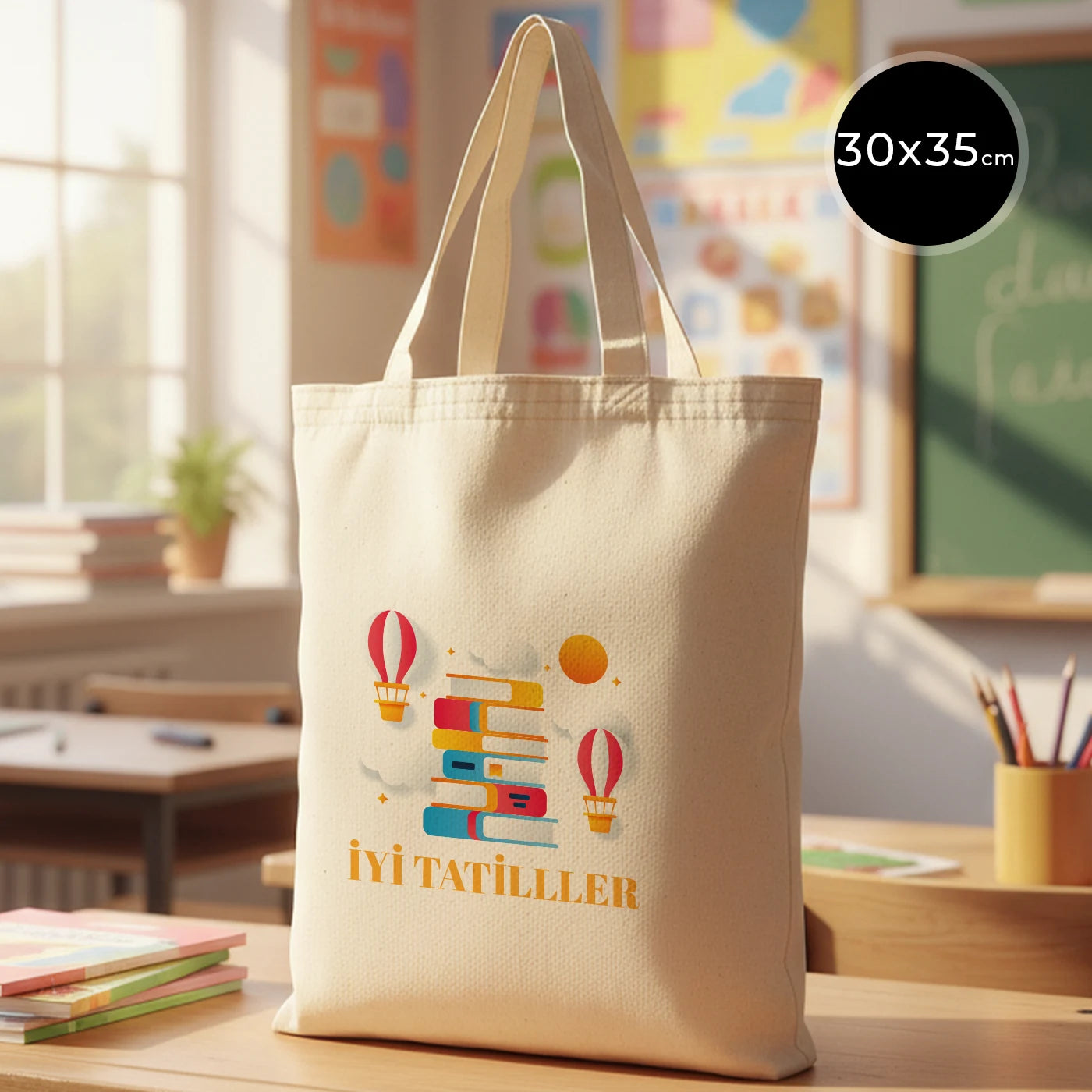 Rengarenk ve sıcak bir sınıf ortamında, ahşap masada sergilenen 30x35 cm kısa kulplu ham pamuk bez çanta.