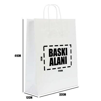 Burgu Saplı Beyaz Kraft Kağıt Çanta - 32x12x41 cm (Özelleştirilebilir)