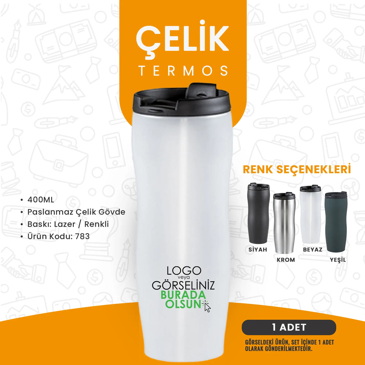 400 ml paslanmaz çelik termos – lazer veya renkli logo baskılı, siyah beyaz krom renk seçenekli.