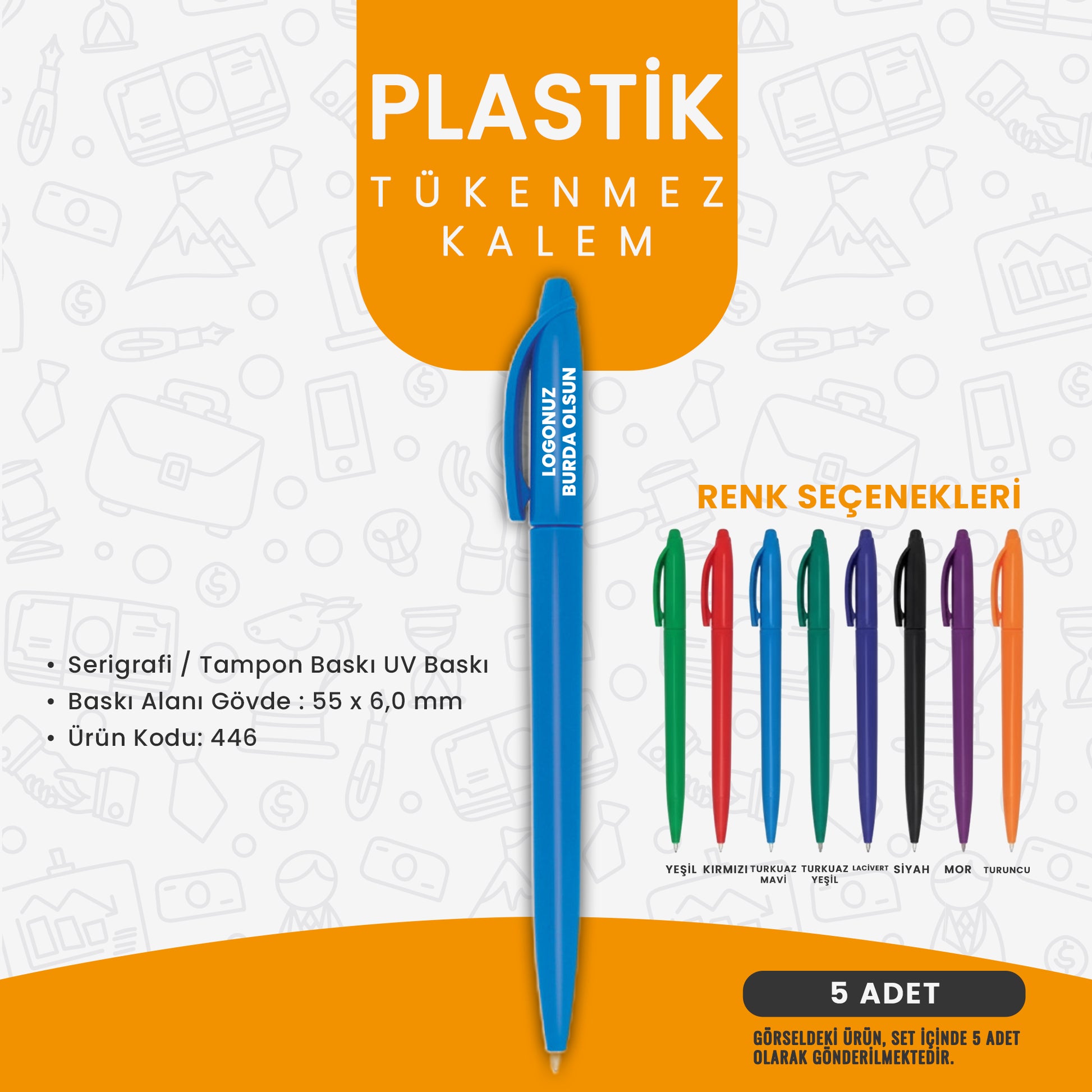 Logo baskılı plastik tükenmez kalem – UV baskı alanlı, 7 farklı renk seçeneğine sahip kurumsal hediye kalemi