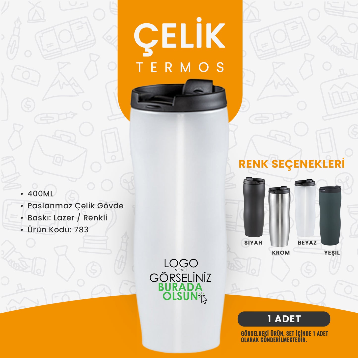Logo baskılı çelik termos – paslanmaz gövde, lazer veya renkli baskı seçenekli kurumsal hediye termos