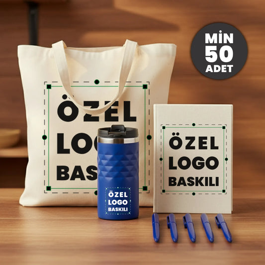 “Logo baskılı termoslu hediye seti – defter, kalem ve termos içeren kurumsal promosyon seti. Şirket hediyesi, etkinlik kampanyaları için ideal.”