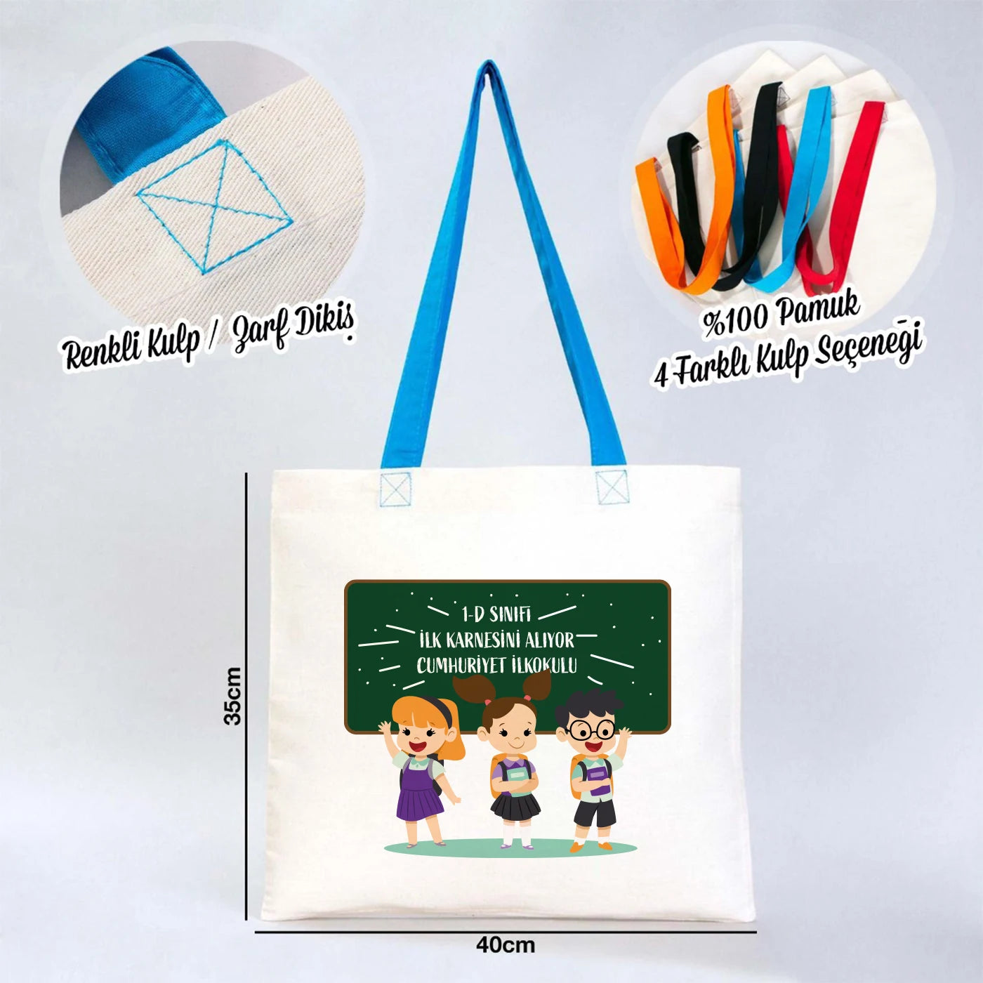 Karne Günü Tasarımlı Turkuaz Saplı Gabardin Bez Çanta – 40x35 cm