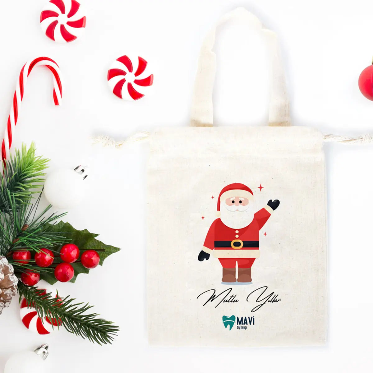 Yeni Yıl Noel Baba Baskılı Bez Kese - 15,5x20 cm Tek Tutma Kısa Kulp (Özelleştirilebilir)