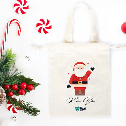 Yeni Yıl Noel Baba Baskılı Bez Kese - 15,5x20 cm Tek Tutma Kısa Kulp (Özelleştirilebilir)