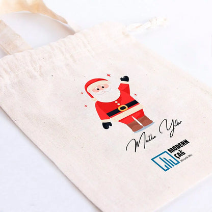 Yeni Yıl Noel Baba Baskılı Bez Kese - 15,5x20 cm Tek Tutma Kısa Kulp (Özelleştirilebilir)