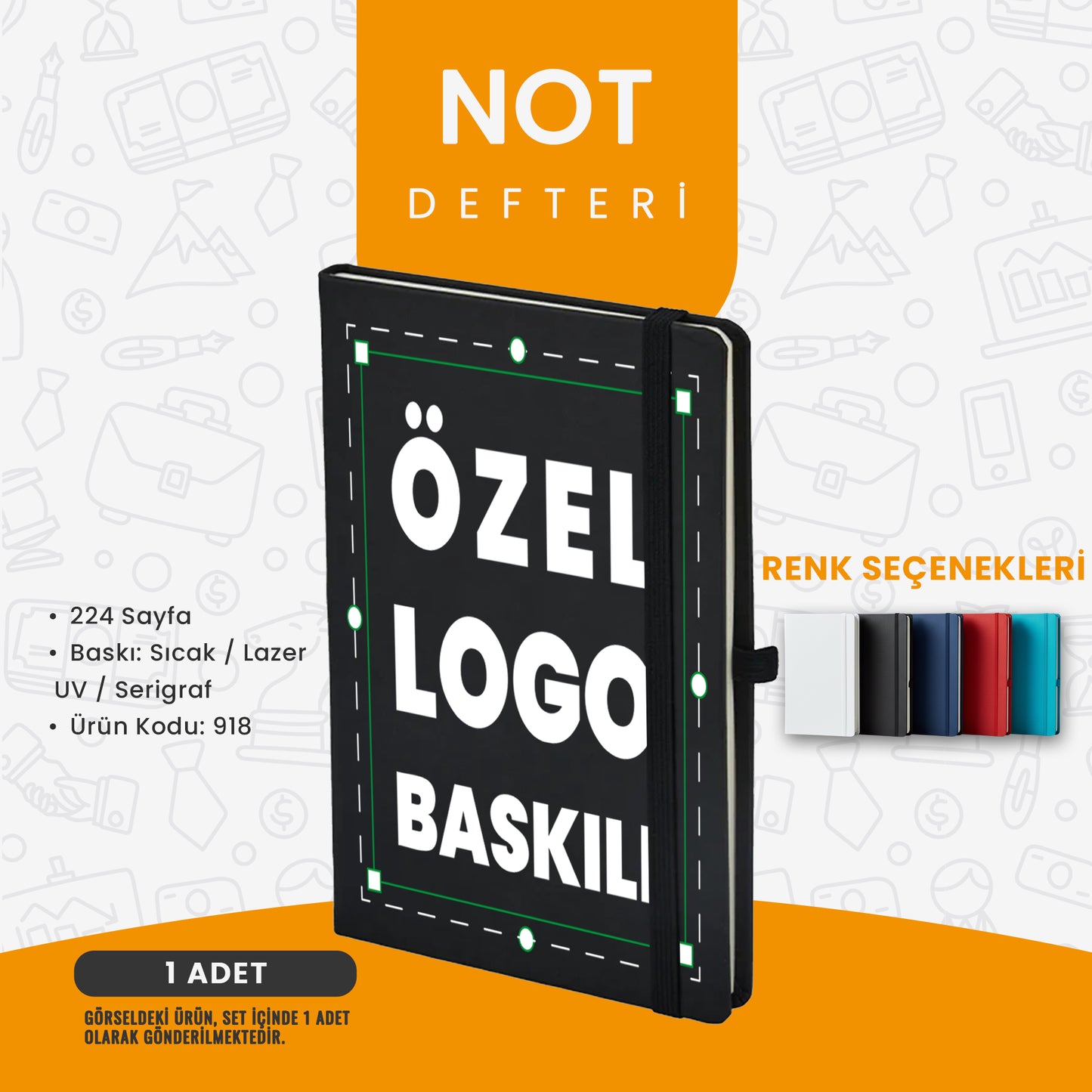 Not defteri – 224 sayfa, sıcak veya lazer UV baskılı, özel logo baskılı kurumsal defter. Ofis, toplantı ve promosyon kullanımı için idealdir.