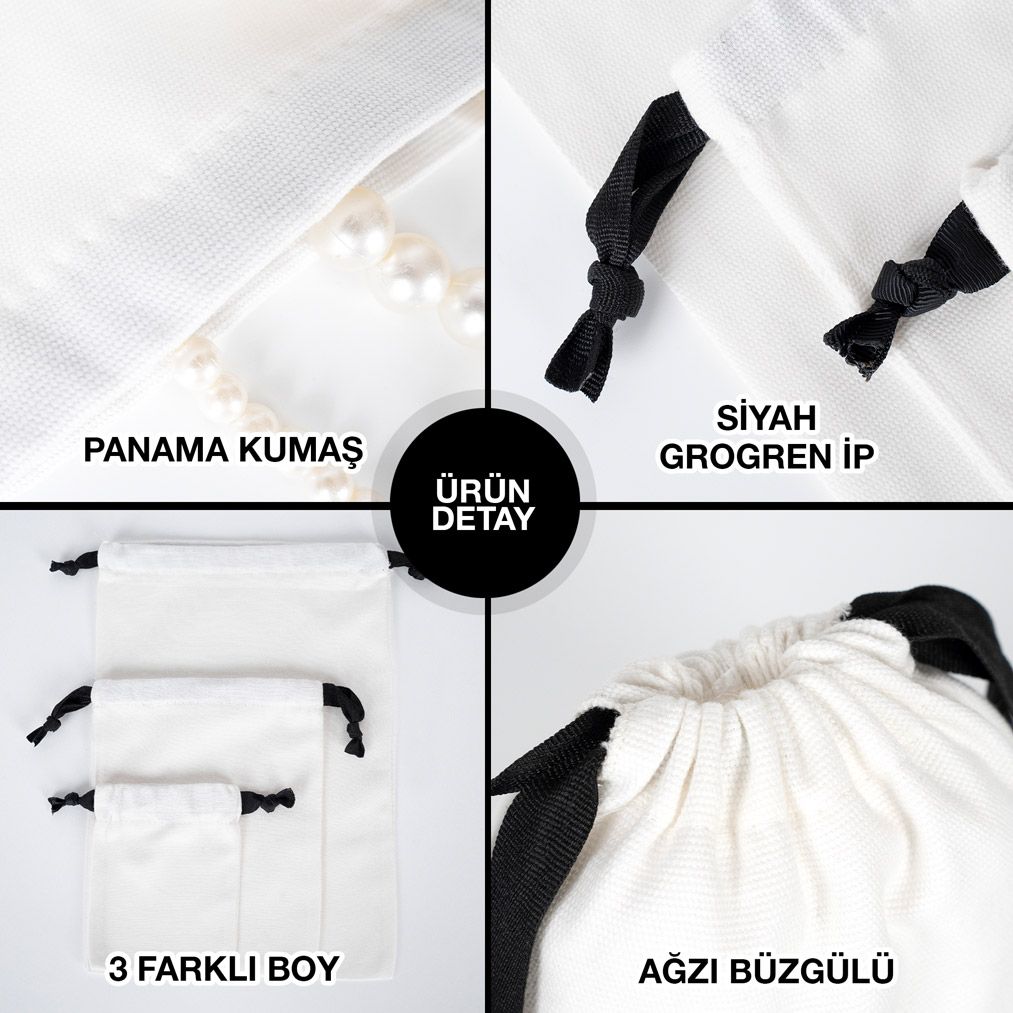 Yılbaşına Özel Siyah İpli Bez Kese - Beyaz Panama Kumaş - yakın çekim