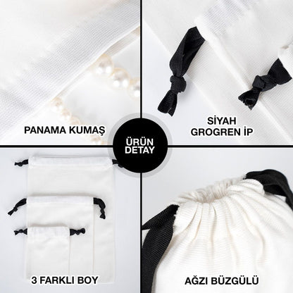 Yılbaşına Özel Siyah İpli Bez Kese - Beyaz Panama Kumaş - yakın çekim