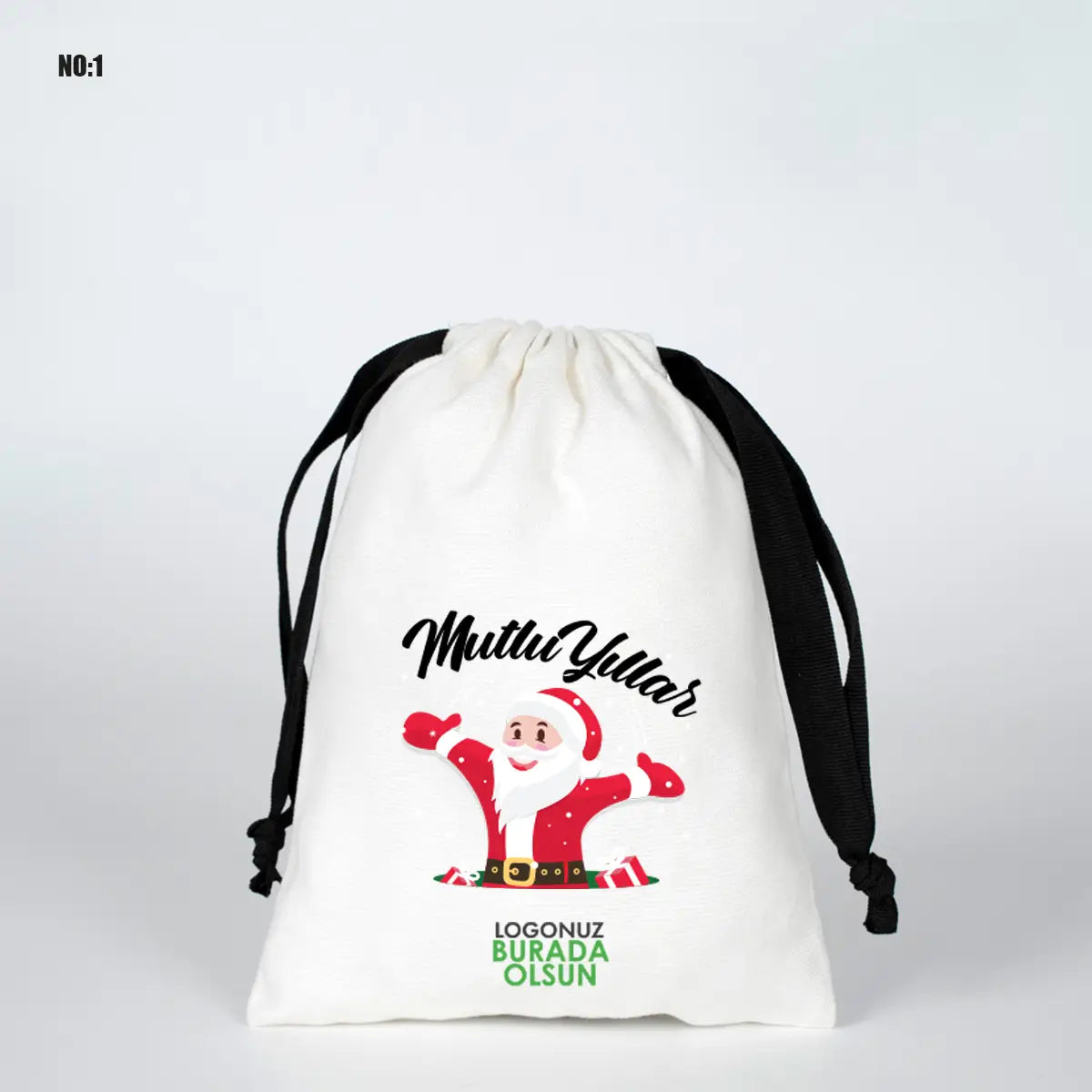 Yılbaşına Özel Siyah İpli Bez Kese - Beyaz Panama Kumaş