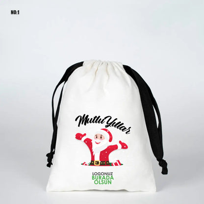 Yılbaşına Özel Siyah İpli Bez Kese - Beyaz Panama Kumaş