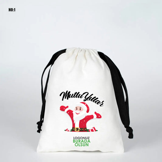 Yılbaşına Özel Siyah İpli Bez Kese - Beyaz Panama Kumaş