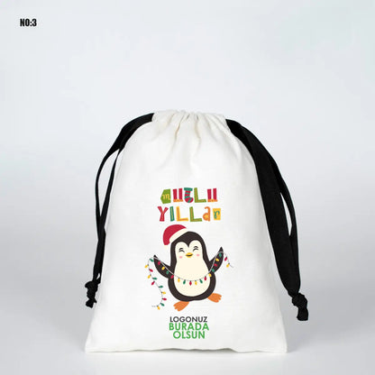 Yılbaşına Özel Siyah İpli Bez Kese - Beyaz Panama Kumaş