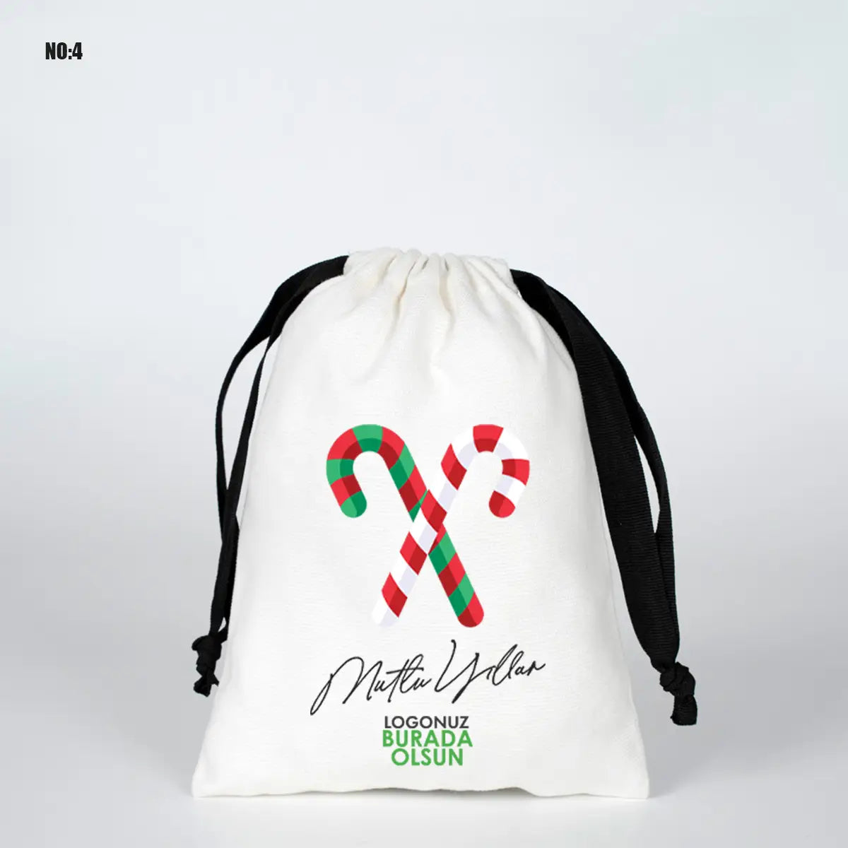 Yılbaşına Özel Siyah İpli Bez Kese - Beyaz Panama Kumaş