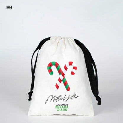 Yılbaşına Özel Siyah İpli Bez Kese - Beyaz Panama Kumaş