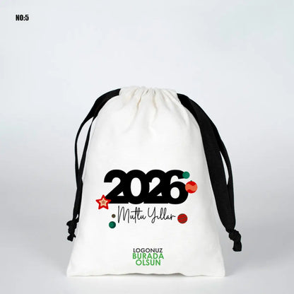 Yılbaşına Özel Siyah İpli Bez Kese - Beyaz Panama Kumaş