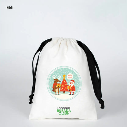 Yılbaşına Özel Siyah İpli Bez Kese - Beyaz Panama Kumaş